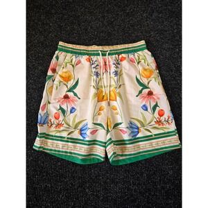 Manfinity Mens Floral Print Casual Shorts White Green Size L Elastic Drawstring